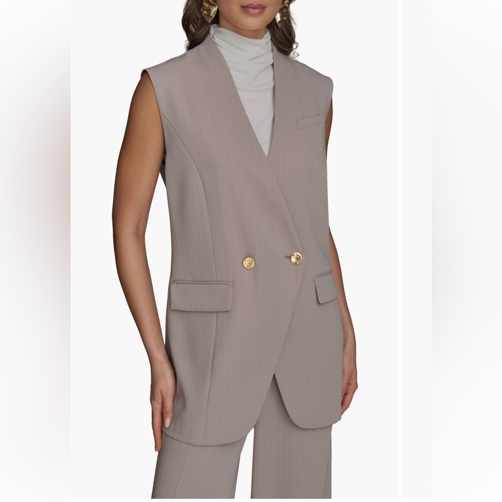 Donna Karan Cobblestone Pinstripe Taupe Double-Breasted Vest